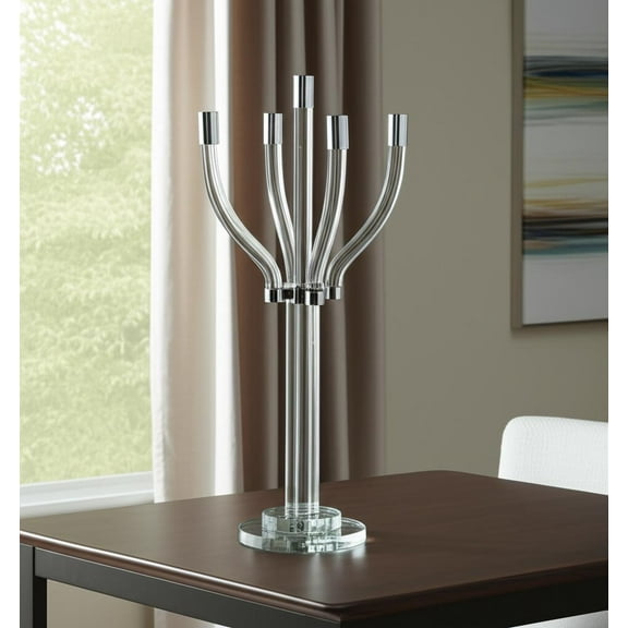 HomeRoots 590247 20 in. Clear & Silver Crystal Tabletop Contempo Candelabra Candle Holder