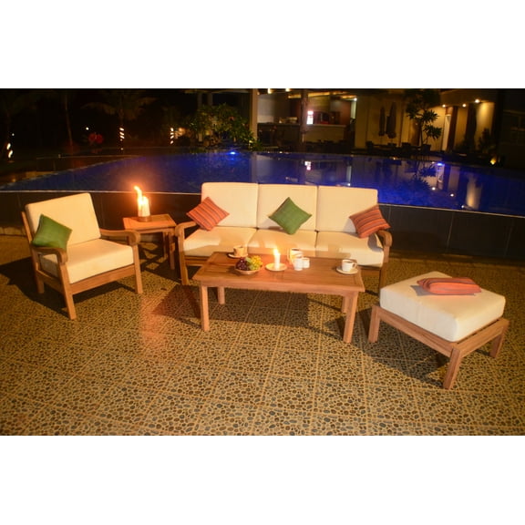 5 PC A Grade Outdoor Patio Teak Sofa Set - 3-Seater Sofa, 1 Chairs, 1 Rectangle Coffee Table, 1 Side Table & 1 Ottoman with Sunbrella Fabric Cushions - Naples Collection