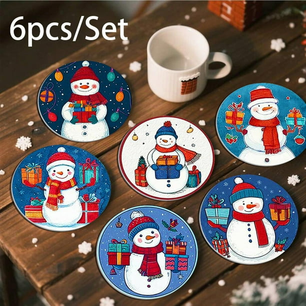 Uuiauoio 6-Piece Christmas Snowman Placemat and Coaster Set | Heat-Resistant Polyester Table Mats for Holiday Dining Decor | Festive Blue Themed Coasters for Parties & Family Gatherings