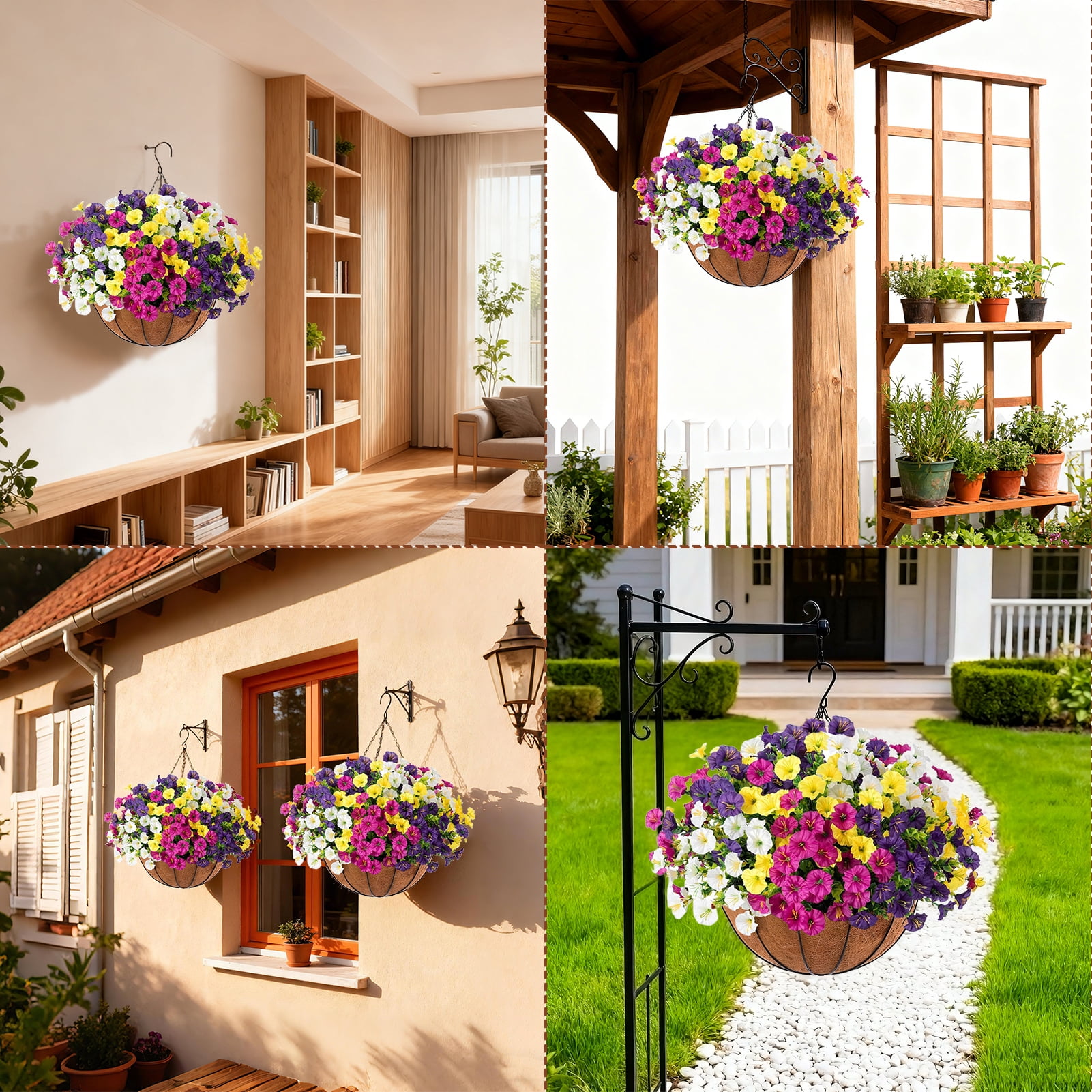 Lumkrypt Artificial Faux Flowers Hanging Basket for Outdoor, 12 Pcs Silk Morning Glory with Eucalyptus,UV & Fade Resistant for Porch Patio Balcony Garden Yard Home Decor
