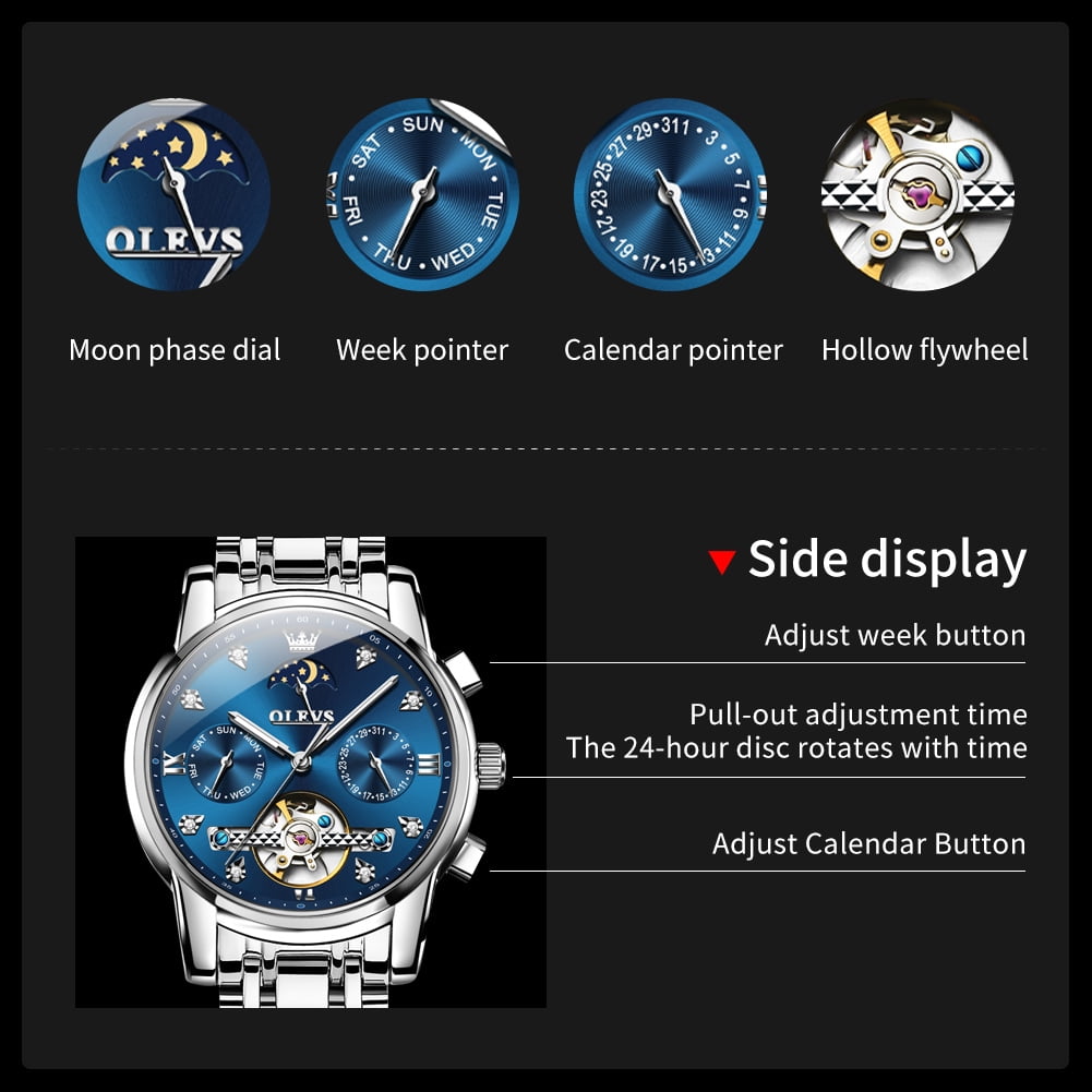 OLEVS Automatic Watches for Men Self Winding Mechanical Skeleton Flywheel Chronograph Luxury Dress Stainless Steel Diamond Moon Phase Waterproof Luminous Mens Wrist Watches Reloj Para Hombre
