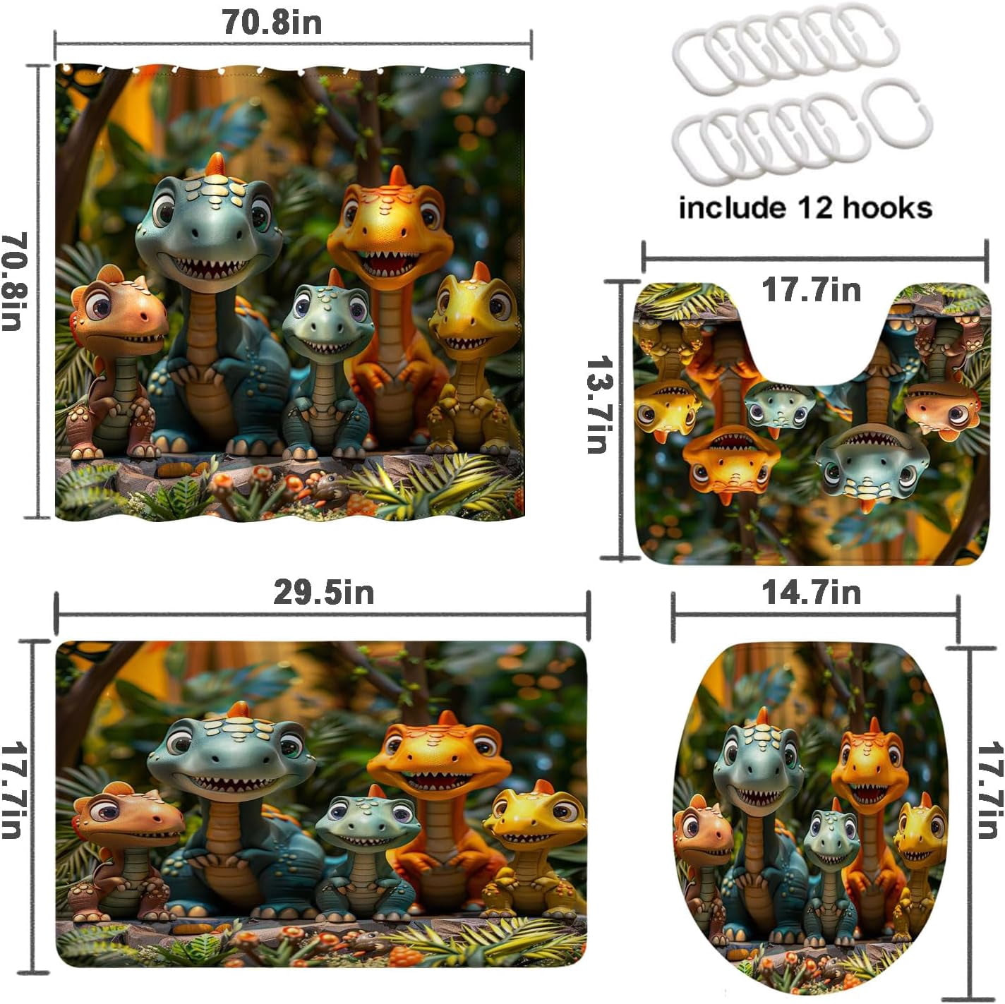 4 Pcs Dinosaur Bathroom Shower Curtain Set with Rug, Toilet Lid Cover and Bath Mat, Jurassic Nature Dinosaurs Anicient Animals Bathroom Shower Curtain with 12 Hooks Accessories Decorative