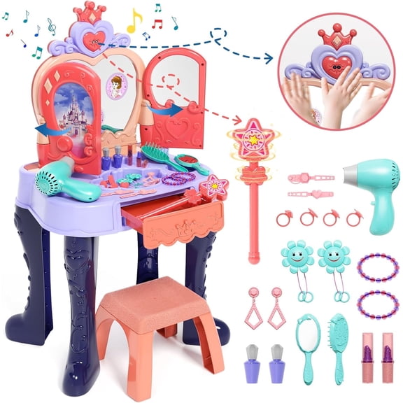 RUVINCE Toddler Vanity Set with Mirror, Chair, Music, Lights, and Accessories for Kids Ages 3-5