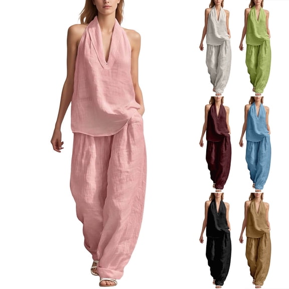 DHFJKG Linen Sets For Women 2 Piece Sleeveless Deep V Neck Tank Top Wide Leg Pants Beach Vacation Outfits