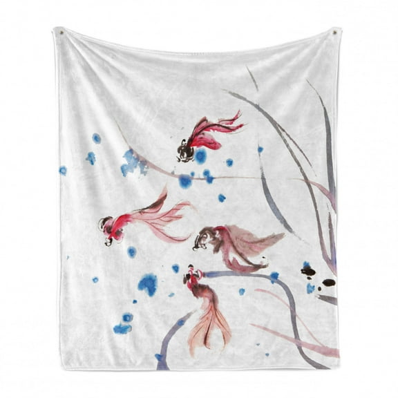 Ethnic Soft Flannel Fleece Throw Blanket, Chinese Traditional Ink Painting Koi Fish Artwork, Cozy Plush for Indoor and Outdoor Use, 70" x 90", Red and Blue, by Ambesonne