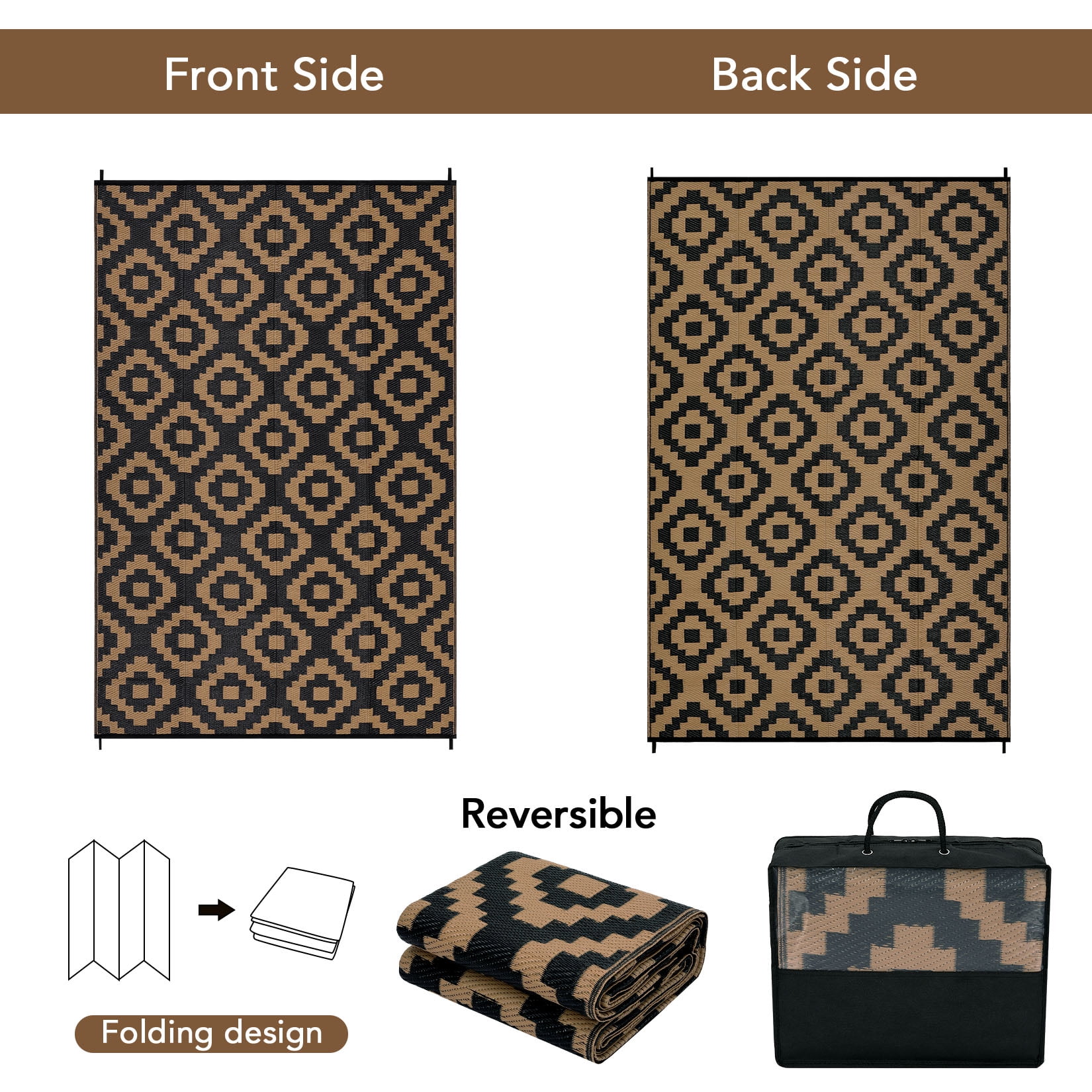 Hasoo Outdoor Rug Portable Premium Recycled Plastic Geometric Pattern for Large Patio Deck Sunroom RV Camping Black & Brown 9 x 12 ft