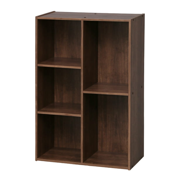 Iris Usa 5 Compartment Wood Organizer, 34 5 In Dark Brown Faux Wood 3 Shelf Standard Bookcase With Cubes