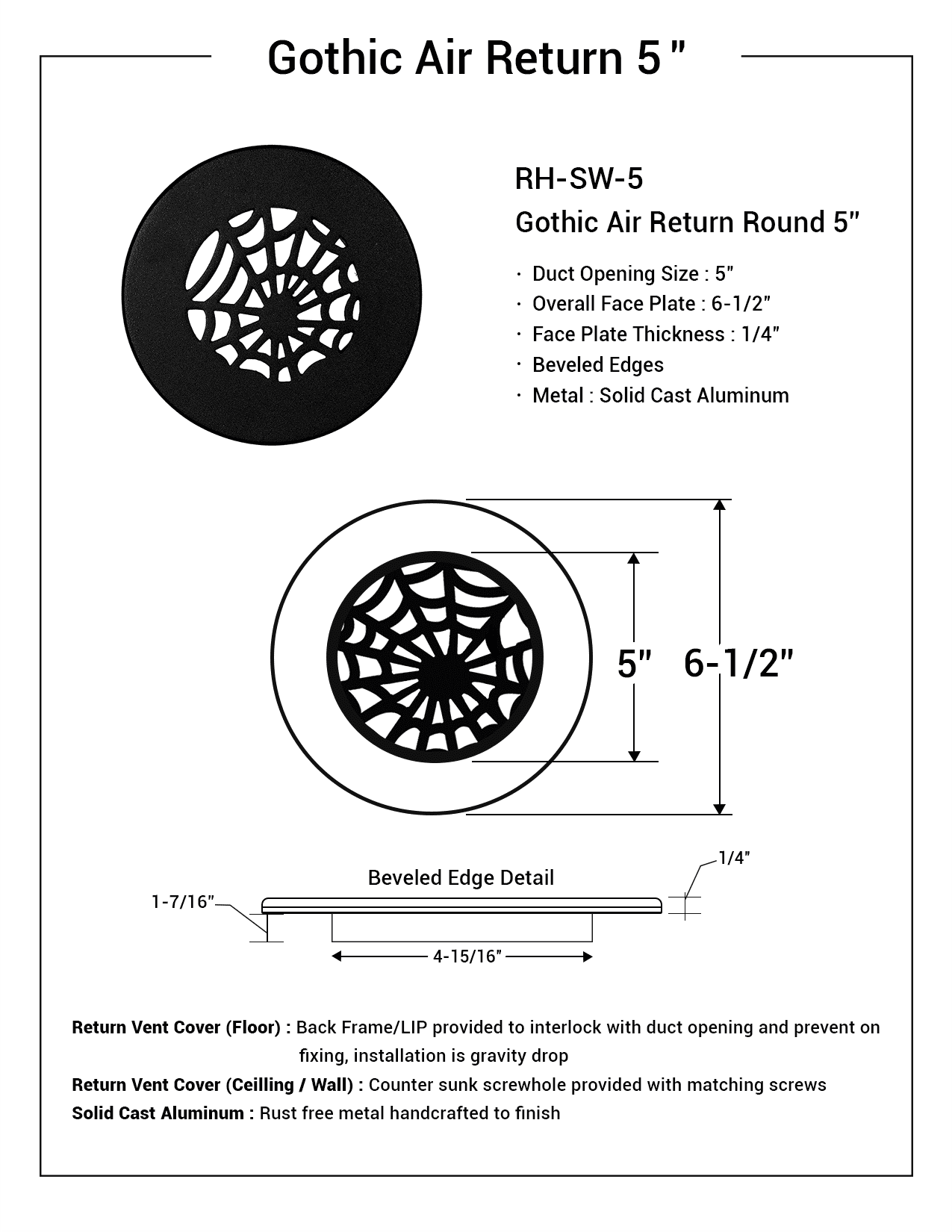 Spooky Gothic Round Vent cover 5" Duct Opening (Overall 6-1/2") Spider Web Design Solid Cast Aluminium Register