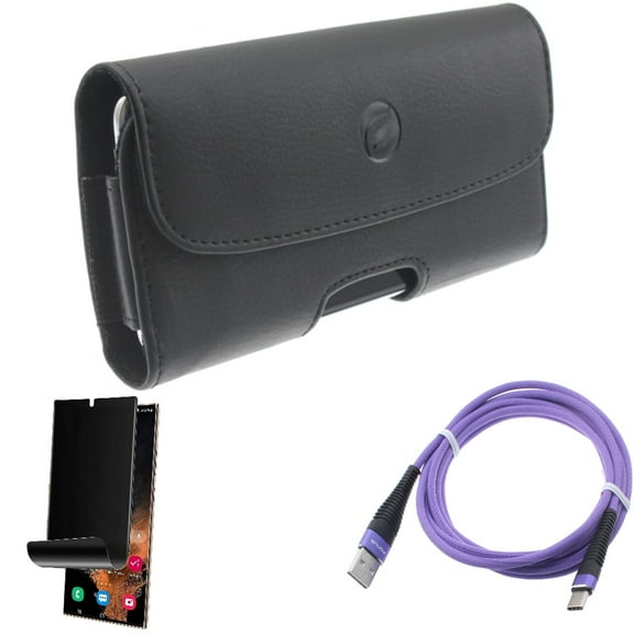 Privacy Screen Protector & Case Belt Clip & 6ft USB Cable for Samsung Galaxy S22 Ultra (6.8") - Combo TPU Film (Fingerprint) Anti-Peep & Leather Holster Cover & Purple Type-C Charger Cord