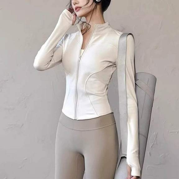 Women's Workout Jacket Cropped High Elastic Zip Up Yoga Jacket Long Sleeve Slim Fit Athletic Tops for Yoga Running Gym Workout Tops