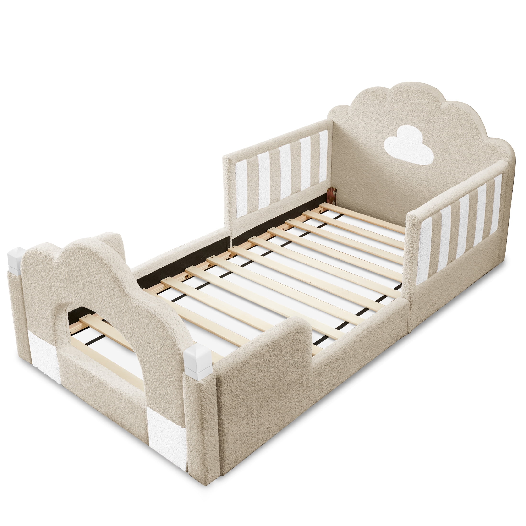 GDF Studio Arvion Twin Size Cloud Bed with Safety Guardrails & Solid Wood Frame, Boucle Fabric Upholstered Bed, Camel