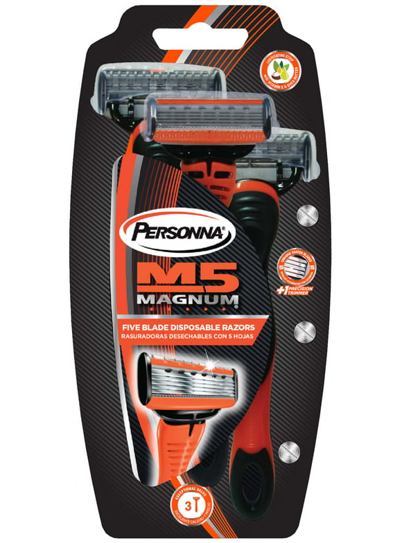 Personna M5 Magnum 5 Blade Disposable Razors with Trimmer, 3 Count