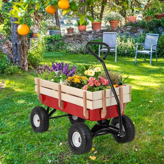 HomePerch Outdoor Sport Wagon Tools Cart with Wooden Side Panels, Heavy Duty All Terrain Cargo Wagon with Air Tires for Garden, Yard, Kids & Outdoor Use