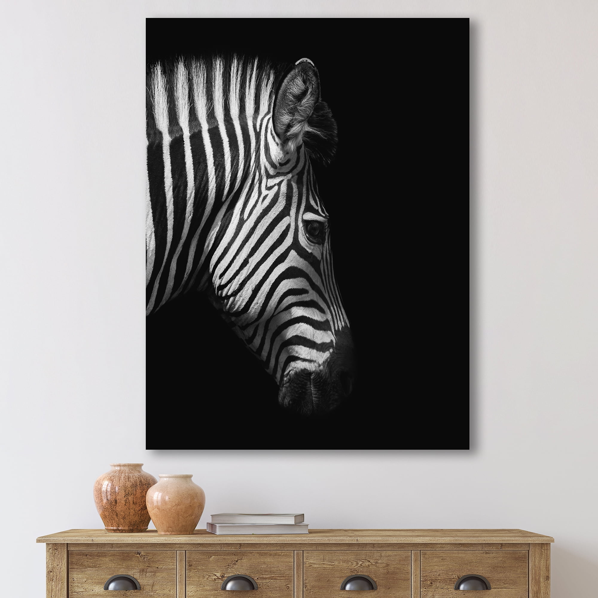 Designart ' Black and White Portrait of Zebra Head ' Farmhouse Canvas Wall Art Print