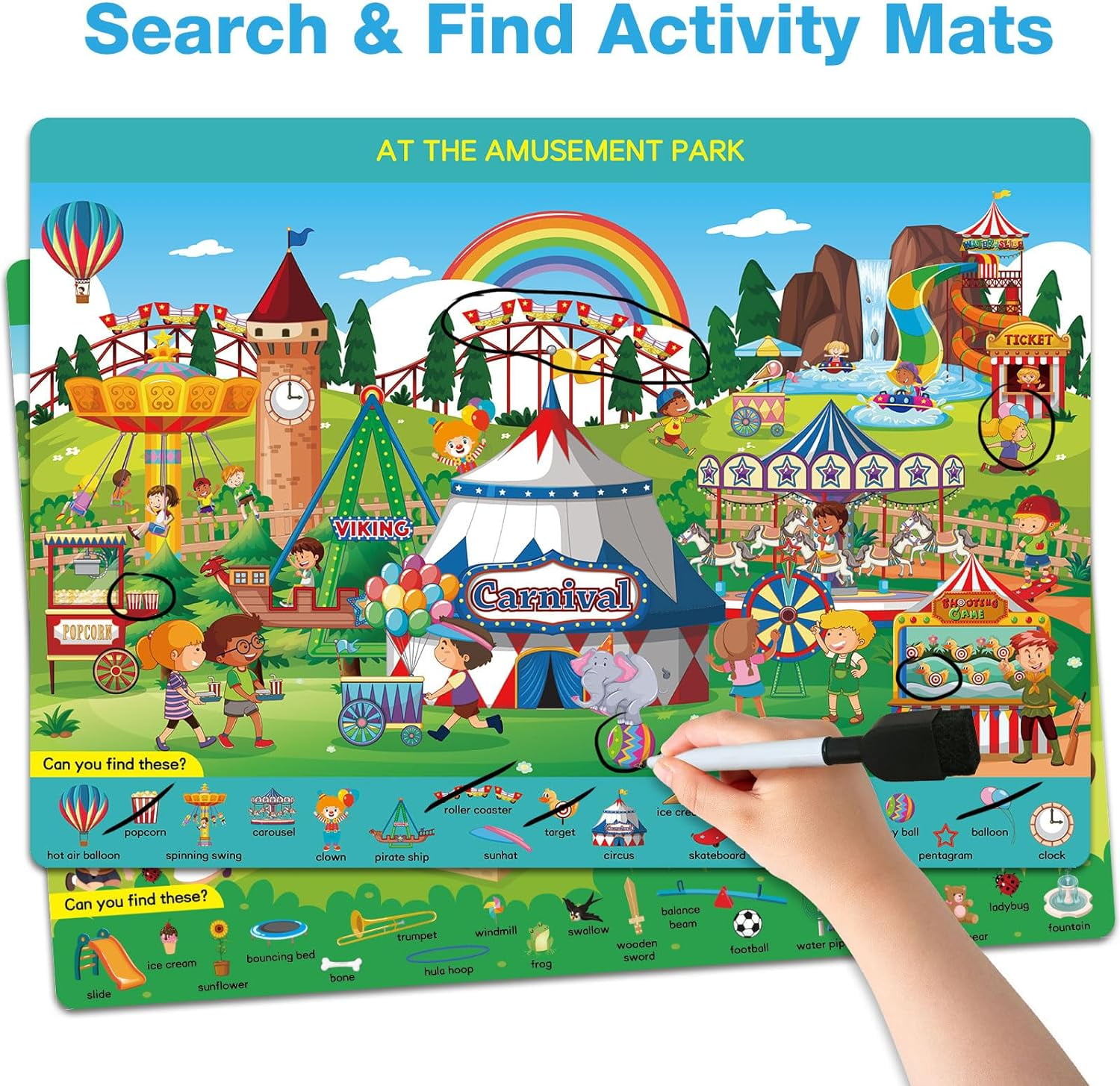 Style-Carry Educational Game for Kids, Search and Find Toy for Toddler 3 4 5 6 7 Years Old Reusable Preschool Learning Activity Mats, Kindergarten Gift for Boy Girl Ages 3-6