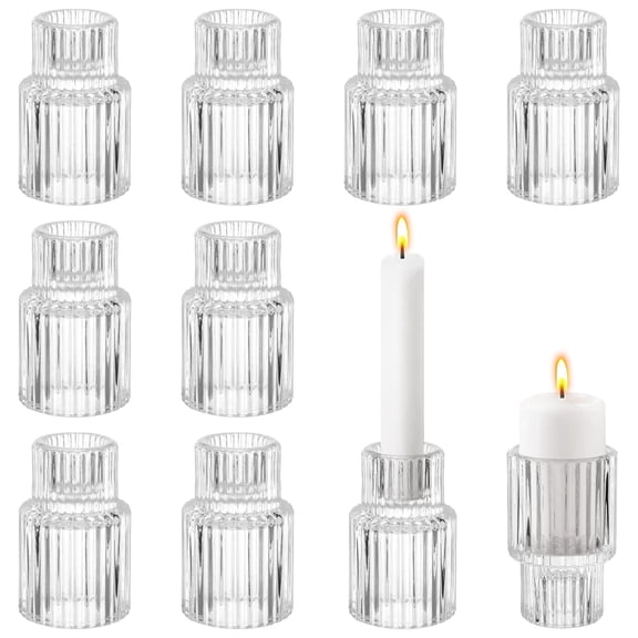 10 Pcs Ribbed Glass Candle Holders, 2.9 x 1.8 x 1.8 in Dual-Use Small Candlestick Holders, Clear Thicken Glass Tabletop Candle Stand for Wedding Centerpieces, Home Decor, Thanksgiving, Christmas