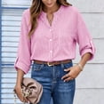 thumbnail image 6 of Women's Striped Button Down Shirts 3/4 Length Sleeve Tops V Neck Casual Comfy Work Shirt with Pocket (2XL, Pink), 6 of 8