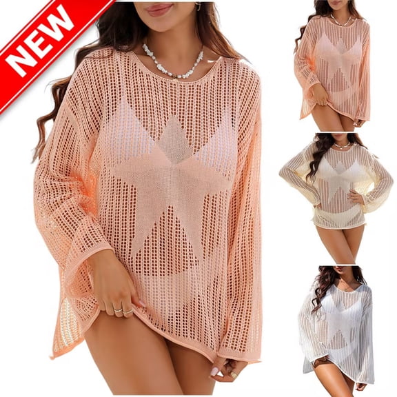 YABCSAZ Women Swimsuit Crochet Swim Cover Up Summer Solid Color Long Sleeve Bathing Suit Plus Size Swimwear Mesh Knit Beach Dress Vacation Outfits