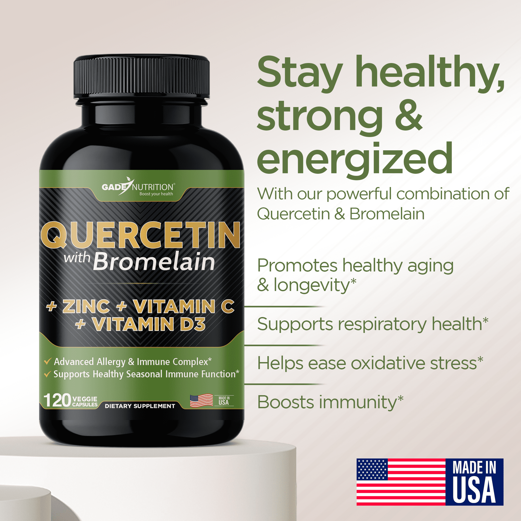 Gade Nutrition Quercetin with Bromelain, Vitamin D, Vitamin C and Zinc - 240 Veggie (Non-GMO, Gluten-Free, Vegan - Made in the USA)