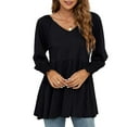 thumbnail image 5 of Womens Babydoll Shirts Ruffle Lantern Long Sleeve Peplum Blouse Ruched V Neck Raglan T Shirt Plain Loose Flowy Tee, 5 of 5
