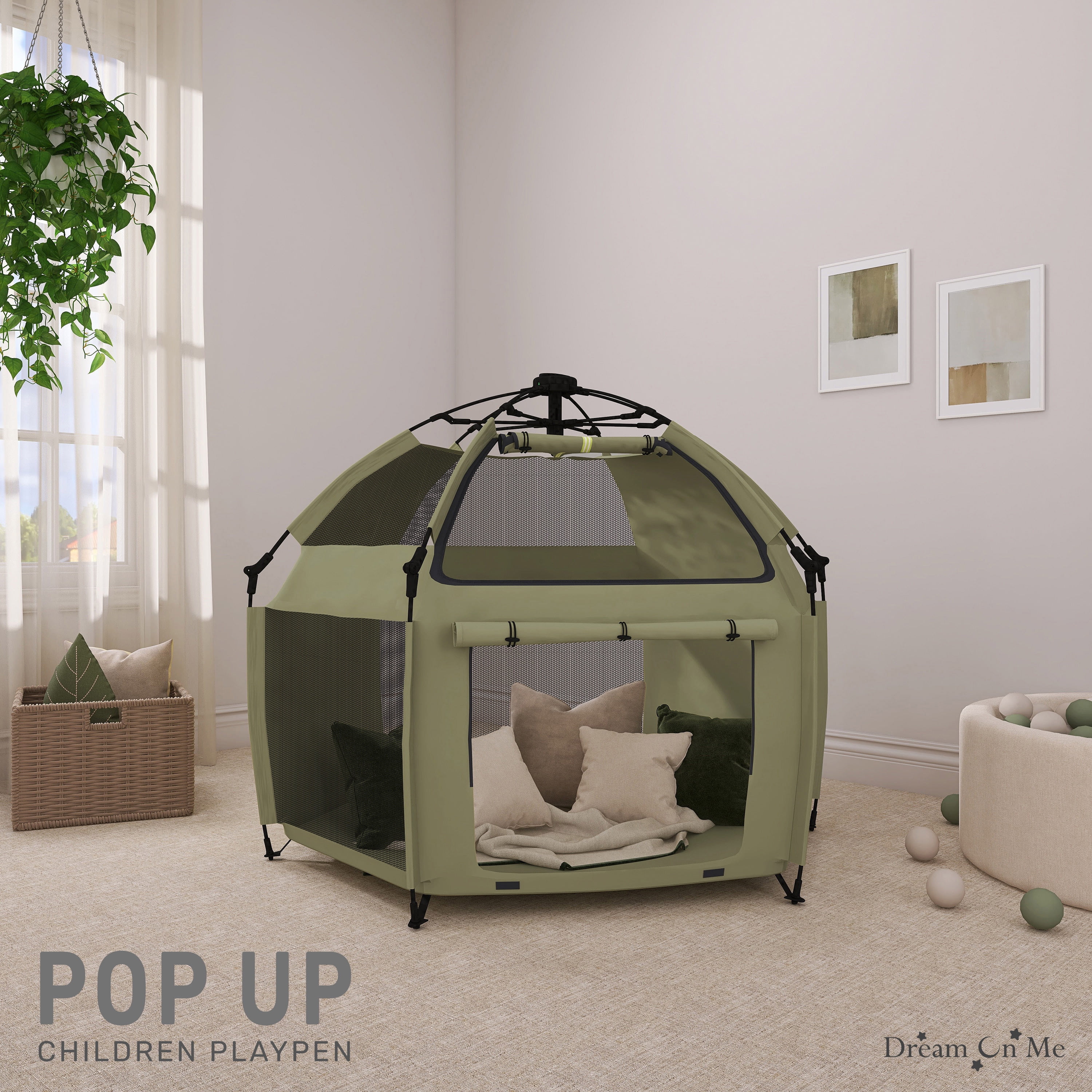 Dream On Me Pop Up Children Playpen, Easy Set-Up- Indoor Play House and Outdoor Play Tent with Canopy Cover, Taupe Green