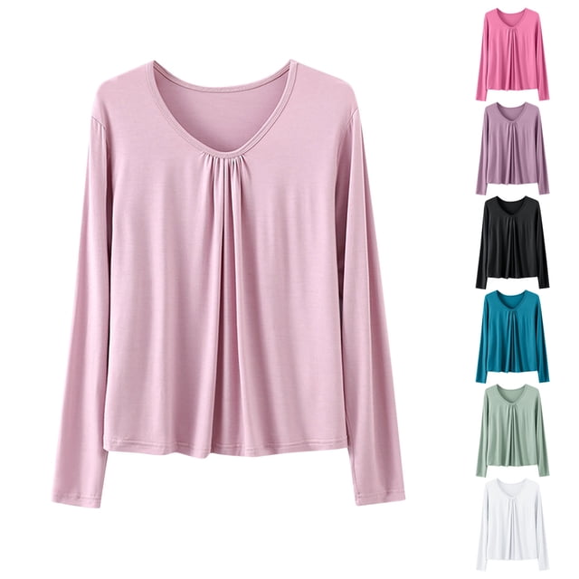 SYVGVA Womens Blouse Long Sleeve Top Solid Color Round Neck Casual Base Shirt with Inner Layer,Black,L