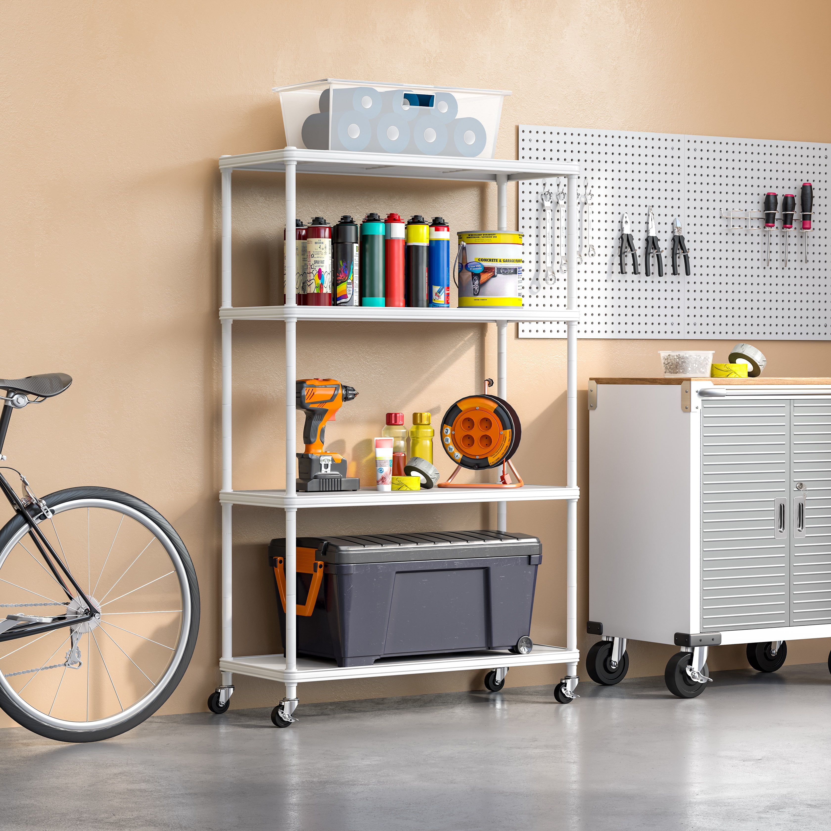 Seville Classics HOME 4-Tier Steel Wire Shelving with Wheels, 36" W x 14" D x 56.5" H, White