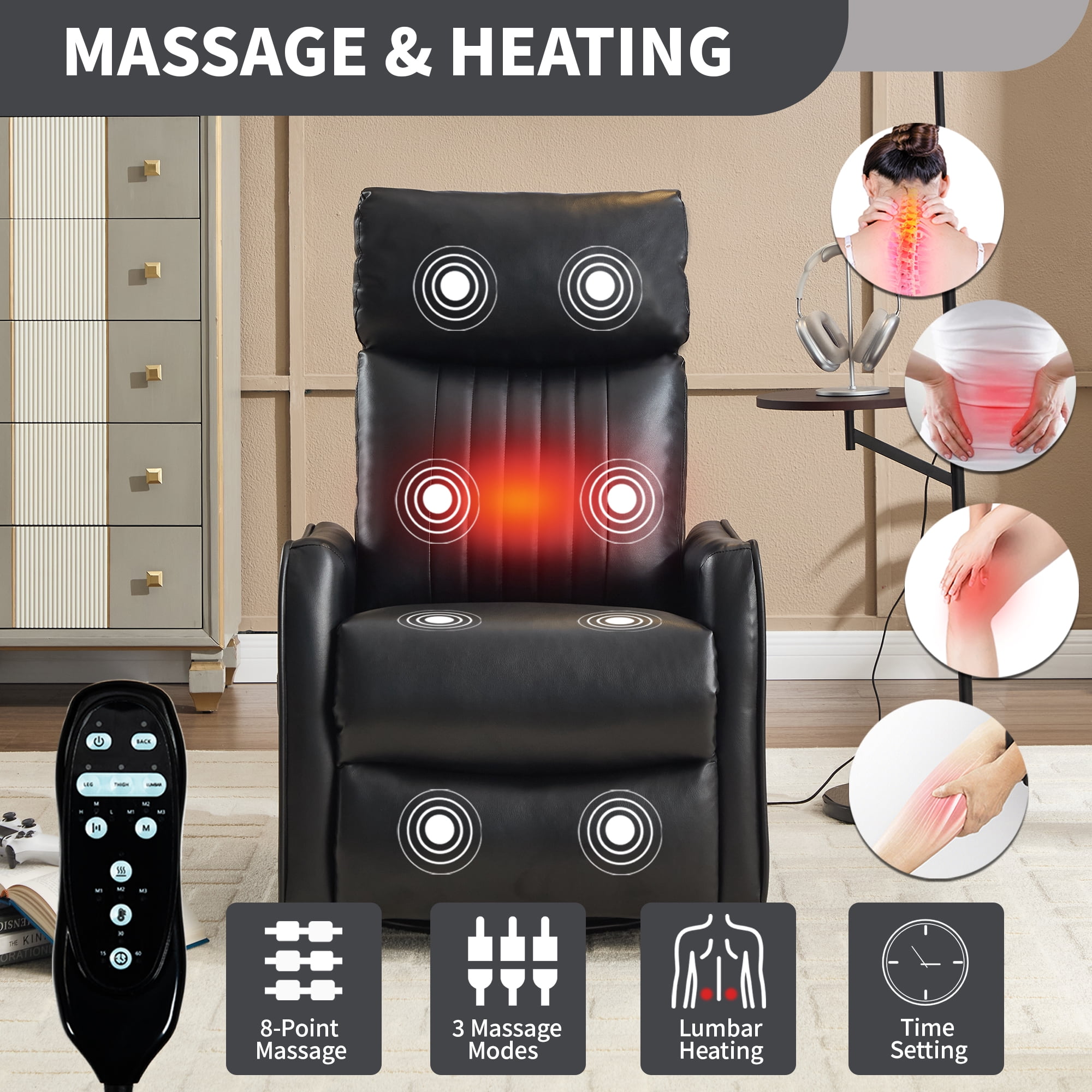 Manual Swivel Rocker Recliner Chair for Adults,Overstuffed Reclining Glider Chair with Vibration Massage & Heat,Upholstered Recliners with Side Pockets for Living Room,Black PU