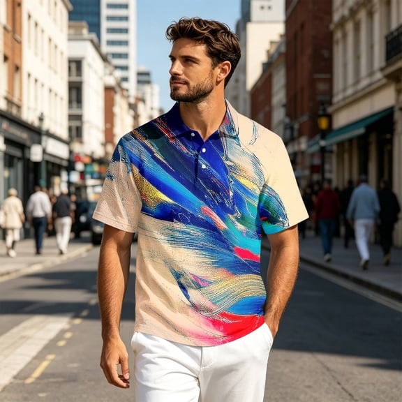 Tie Dye Polo Shirts for Men Henley Short Sleeve Cotton Linen Tees Causal Vacation Loose T Shirts, XL