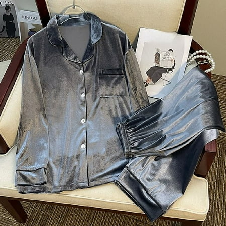 

PIKADINGNIS WAVMIT Winter Button Cardigan Womens Flannel Warm thicken Long Sleeve Pajamas Set Women Sleepwear Set Gold Velvet Homewear
