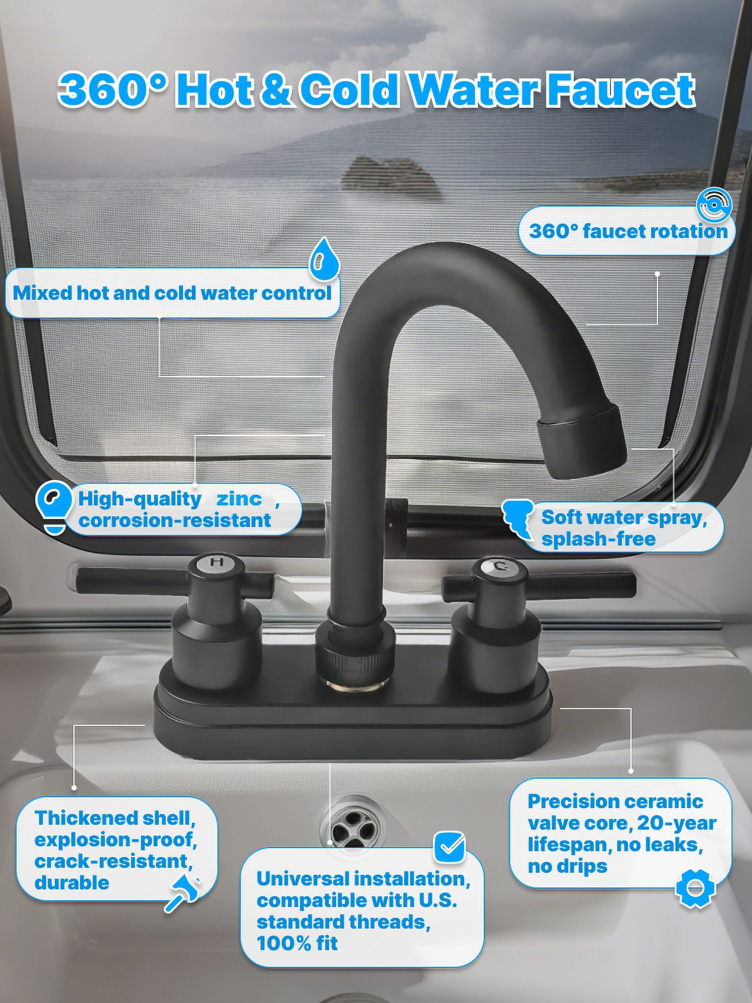 Bathroom Faucet 4inch 2 Handles Centerset Suit for 2 or 3 Mounting Holes, Lavatory Hot and Cold Mixer Tap, Mattle Black