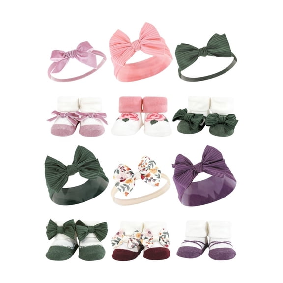 Hudson Baby Infant Girl 12Pc Headband and Socks Giftset, Purple Green Fall Botanical, One Size