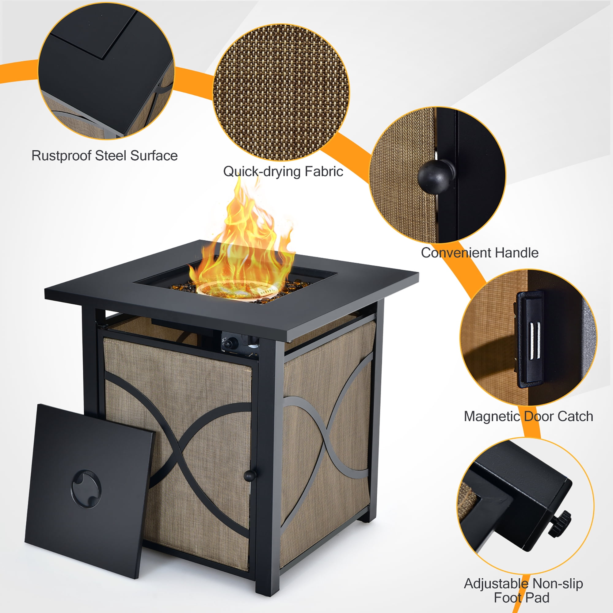 Costway 25-Inch Square Propane Fire Pit Table 40000 BTU W/ Lid, Fire Glass