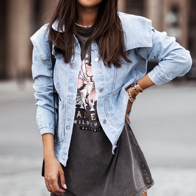 Abrigo de chaqueta de mezclilla con botón de bolsillo de manga larga de color sólido informal de moda para mujer Fridja po1981