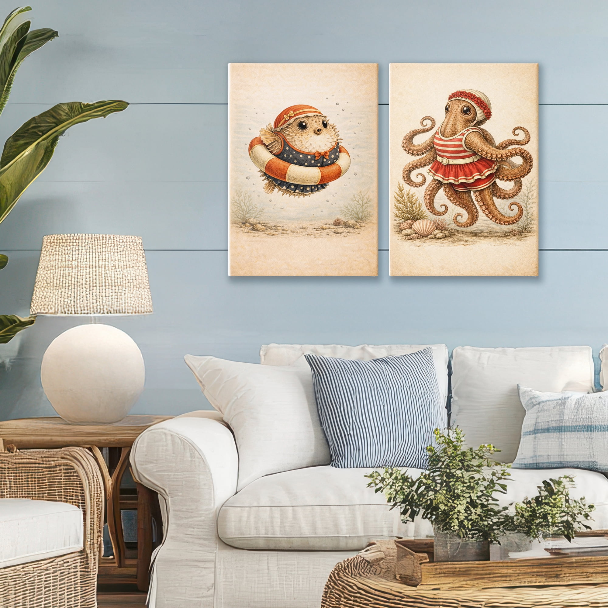 Stupell Industries Vintage Maritime Bathing Creatures 2 Piece Canvas Wall Art Set, design by Grotto Studios