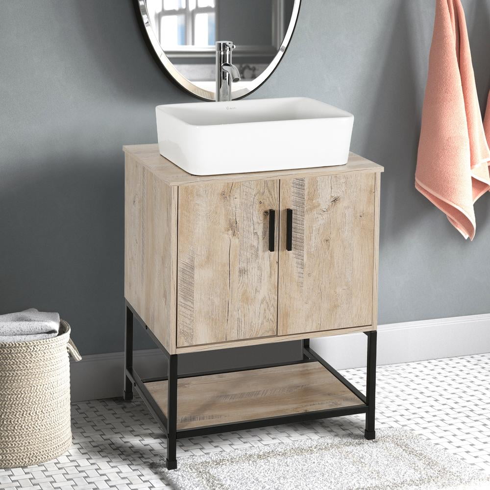 Eclife 24" Farmhouse Bathroom Vanity with Rustic Oak Wood Top,White Ceramic Sink, Water Save Faucet,Solid Brass Pop Up Drain