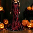thumbnail image 2 of Xijirk Women Halloween Skull Rose Embroidered Maxi Dress Long Sleeve Round Neck Velvet Trailing Hem Outfit for Cosplay Party Festival Casual Gathering Wear,XL, 2 of 4