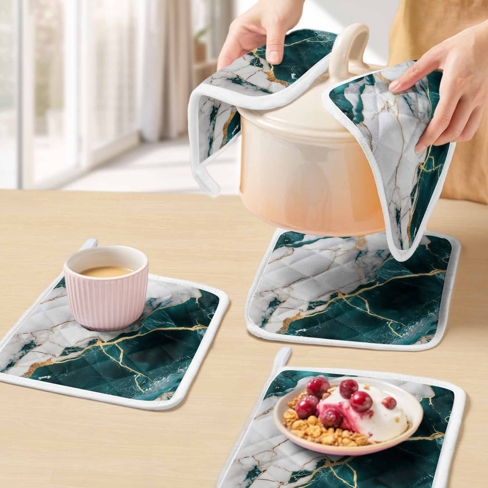 Marble Turquoise Pot Holders for Kitchen Heatproof Potholder, 3 Pack Abstract Gold White Brick Stone Motif Hot Pads Multipurpose Oven Pads Cloth Potholders Trivet for Cooking Baking