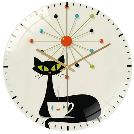 Round Glass Wall Clock, 30 * 30 CM (CA Factory) Mid Century Modern Cat And Kitchen Art Glass Wall