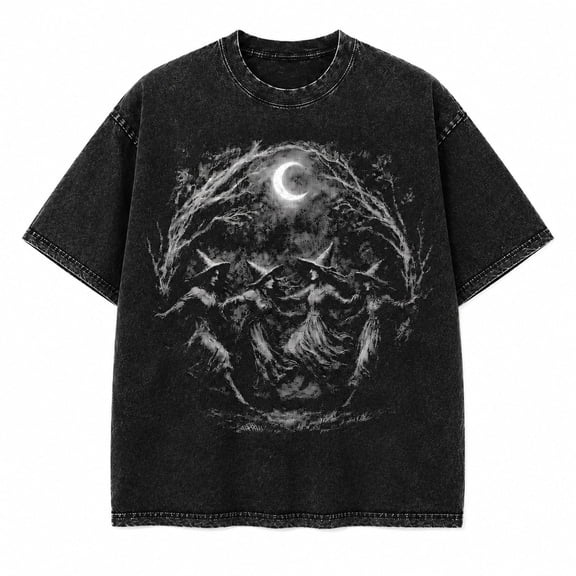Moonlit Mountain Fantasy Washed T-Shirt, Unisex Classic Fit, 100% Heavyweight Cotton, 180 GSM, Front Graphic