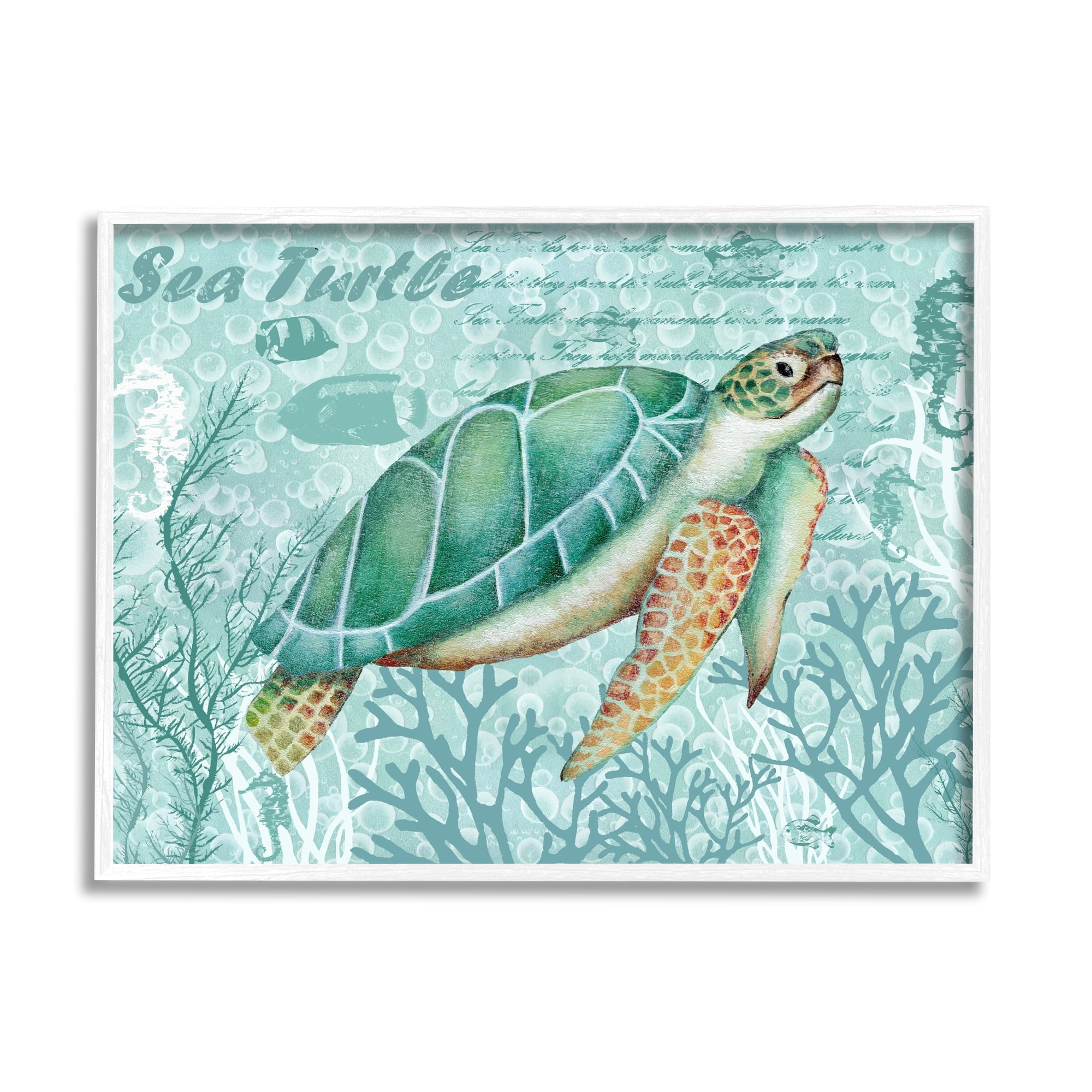 Stupell Industries Coral Bordered Sea Turtle Seahorse Script Calligraphy Graphic Art White Framed Art Print Wall Art, Design by Emma Leach