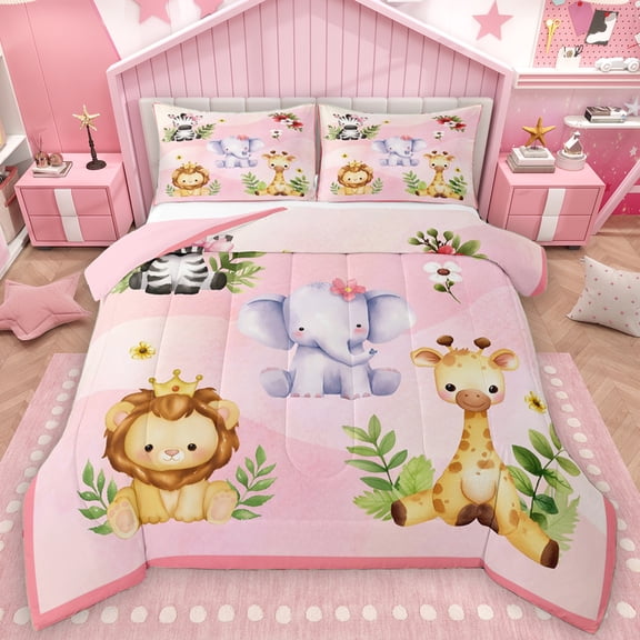 Manfei Kawaii Flower Elephant Full Size Comforter Sets, Cute Lion Giraffe Zebra Bedding Comforter Set, Cartoon Zoo Animal Reversible Bedding Sets, Lightweight Room Decor, 3 Pieces