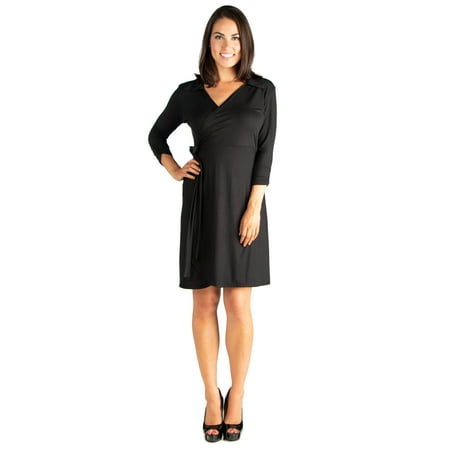 24seven Comfort Apparel Collared V-Neck Three Quarter Sleeve Wrap Dress