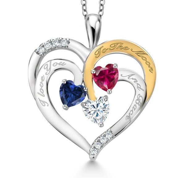 Gem Stone King 2Tone Blue Created Sapphire Red Created Ruby and White Moissanite `I love you to the moon and back` Engraved Pendant Necklace for Women (1.52 Cttw, Heart Shape 5MM, 18 inch Chain)