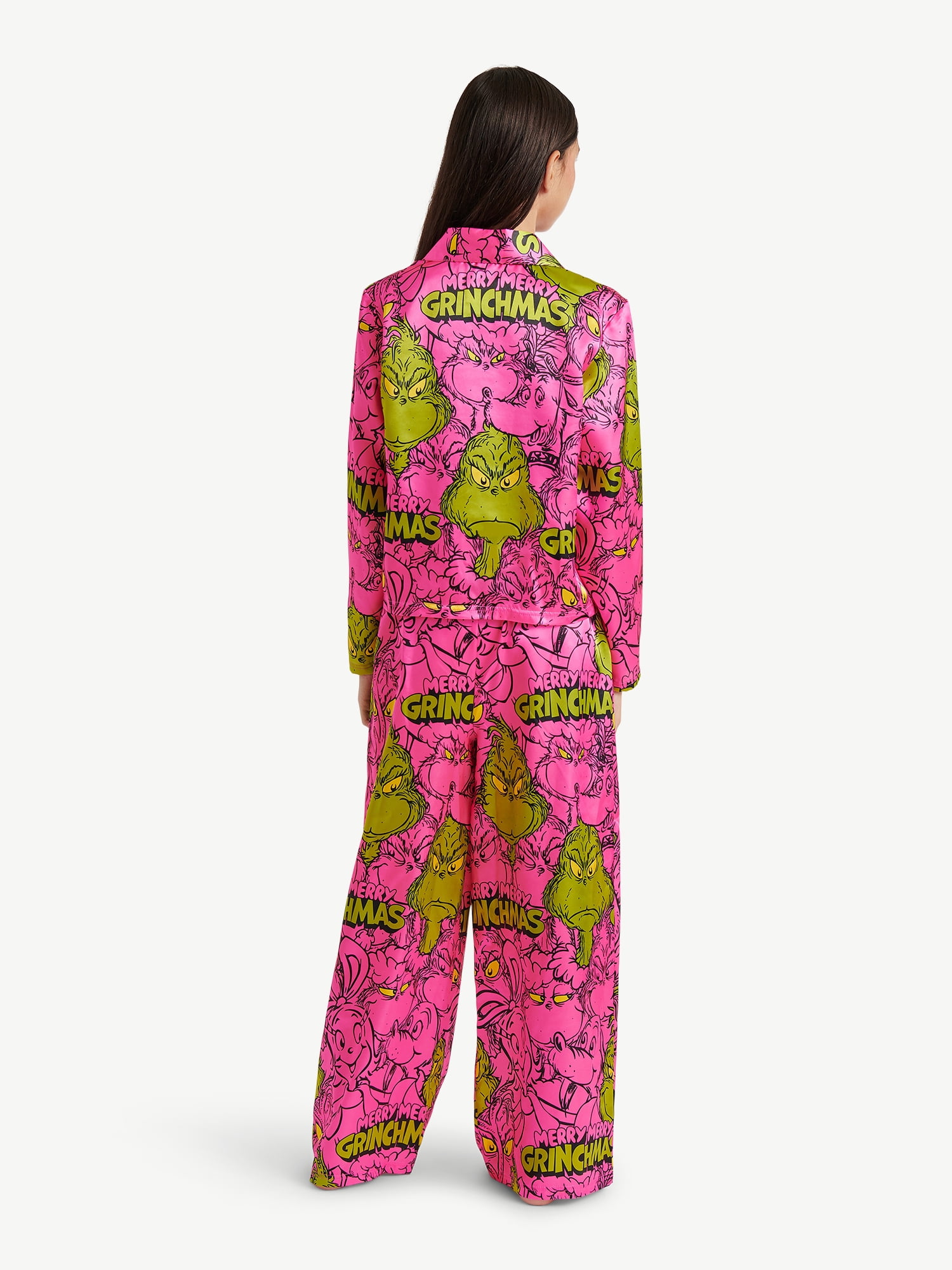 Justice x Grinch Girls Long Sleeve Notch Collar Sleep Top and Sleep Pants, 2-Piece, Sizes 4-18