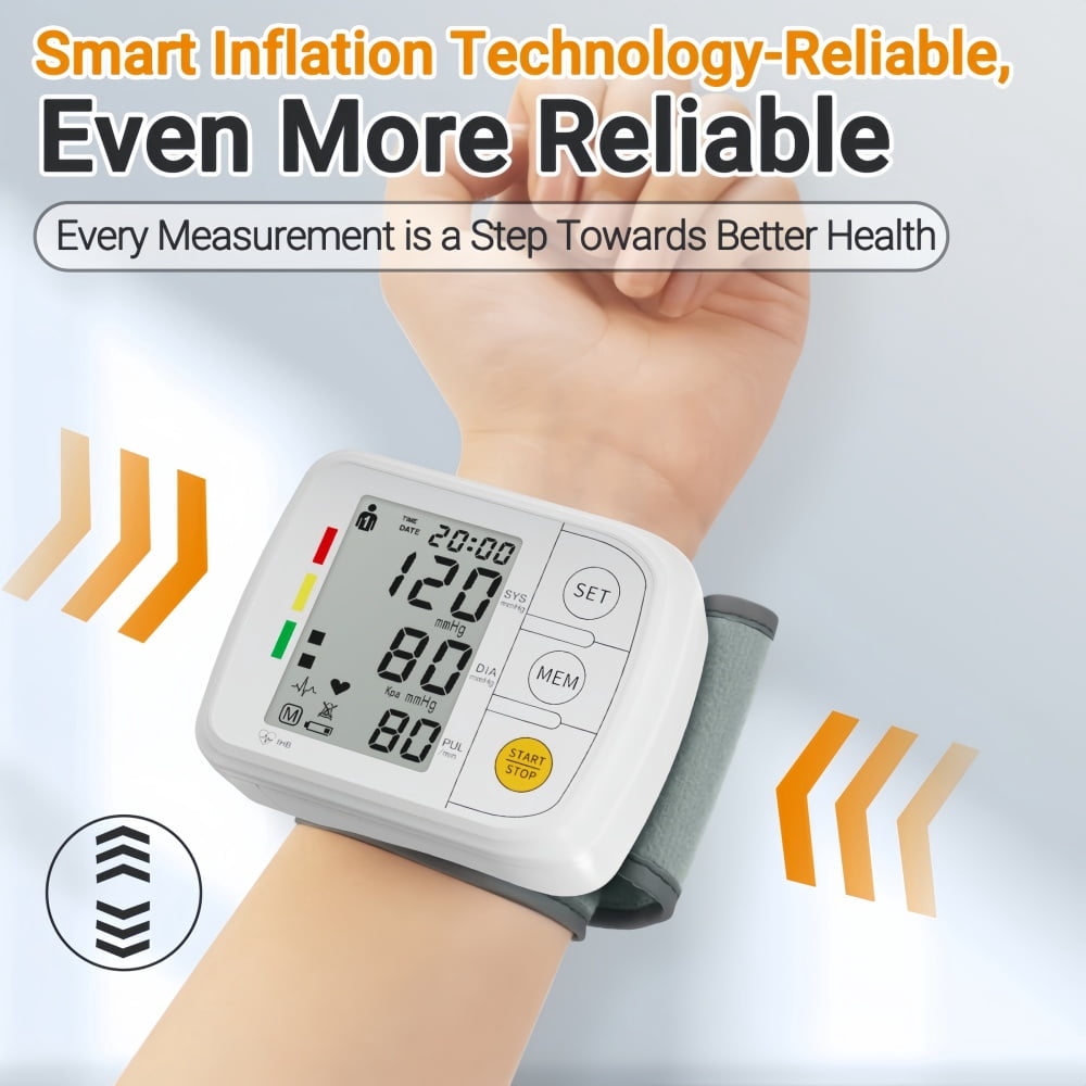 Automatic Wrist Blood Pressure Monitor, Large LCD Display with Adjustable Cuff, Portable BP Machine for Home & Travel Use