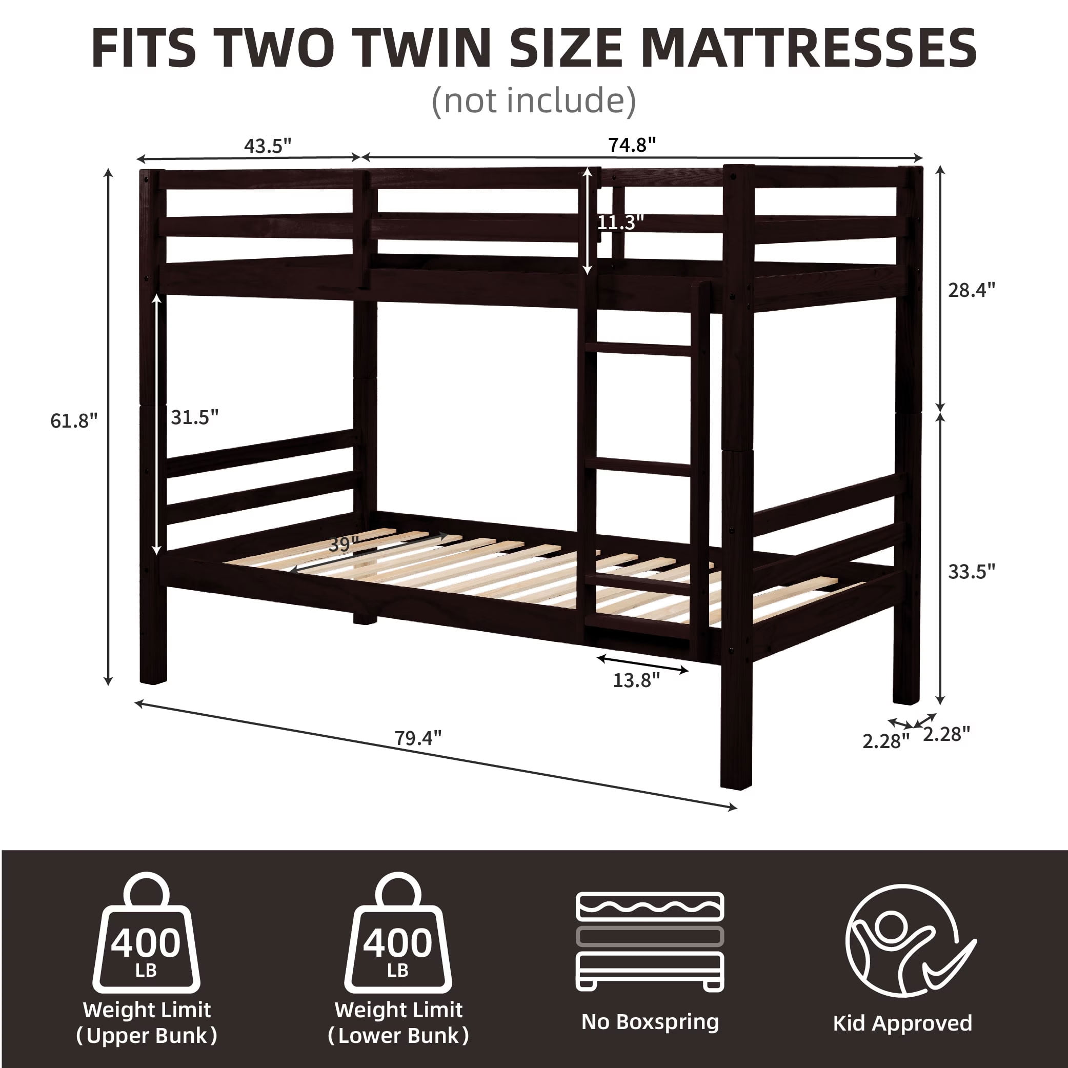 MAYEERTY Twin over Twin Wooden Bunk Bed with High Guardrail and Ladder, Heavy Duty Slat Support for Kids Teens Dorm Rooms Guest Rooms, No Box Spring Needed