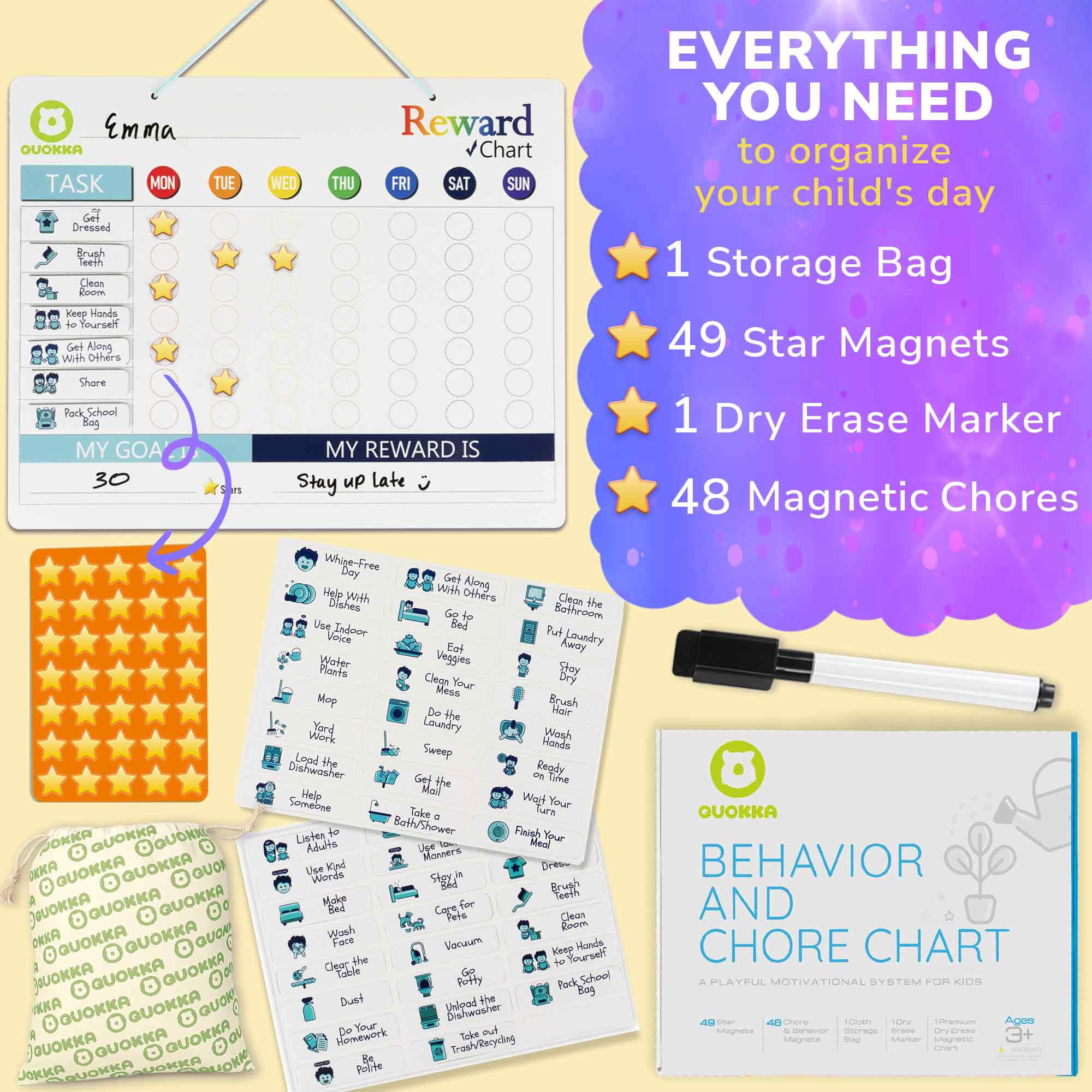 Quokka Magnetic Chore Chart for Kids - Reward Behavior Chart for Kids at Home - Dry and Erase Responsibility Schedule Board