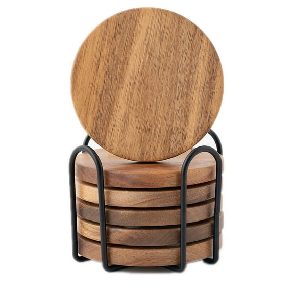 Wood Coasters for Drinks Tabletop Protection with Holder Set of 6, Acacia Wooden Coasters for Coffee Table Dining Table Desk Round with Non-Slip Pad Cup Coasters for Home Office