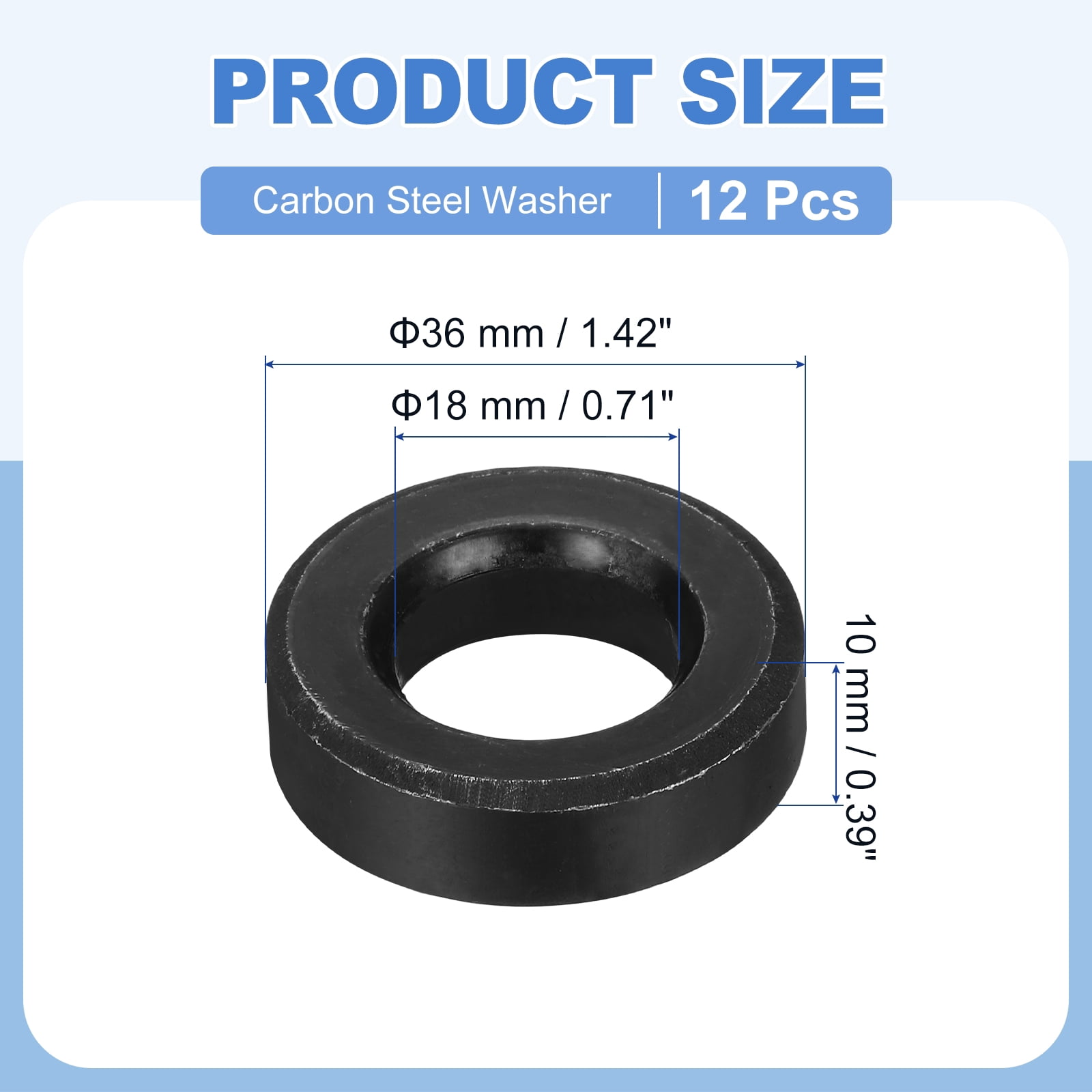 Uxcell 12pcs Black Flat Washer for M18 Screw, Steel Metal Washers 18mm ID 36mm OD 10mm l for Industrial, Screws Bolts